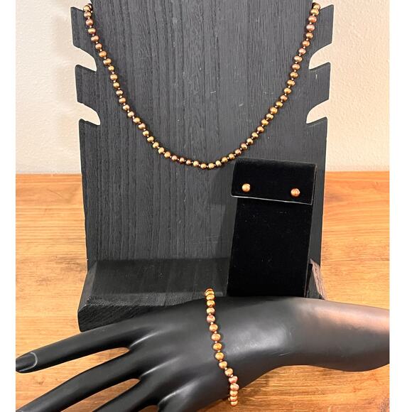 None and/or Unknown Jewelry - Bronze Tone Metallic Faux Pearl Necklace Bracelet Earring Set 3-Piece